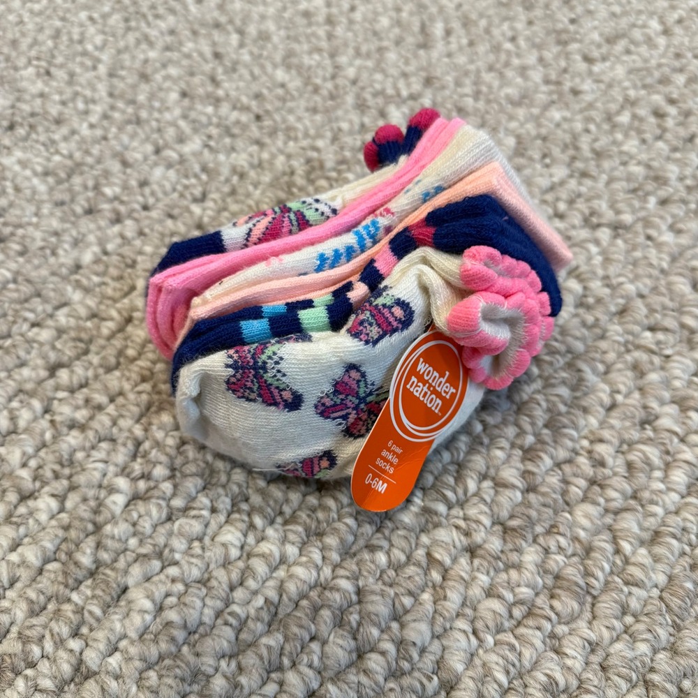 Wonder Nation‎ Baby Girl Socks 6-Pair Ankle Butterfly Pink Blue White 0-6 Months